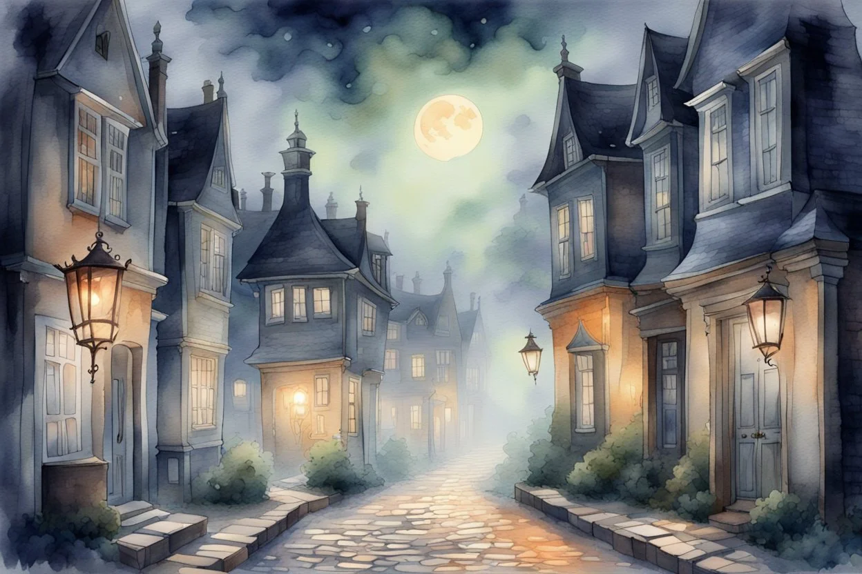 Prompt: a lantern glowing softly on a cobblestone street, mist swirling, with old Victorian houses lining the path, watercolor, mysterious, nocturnal