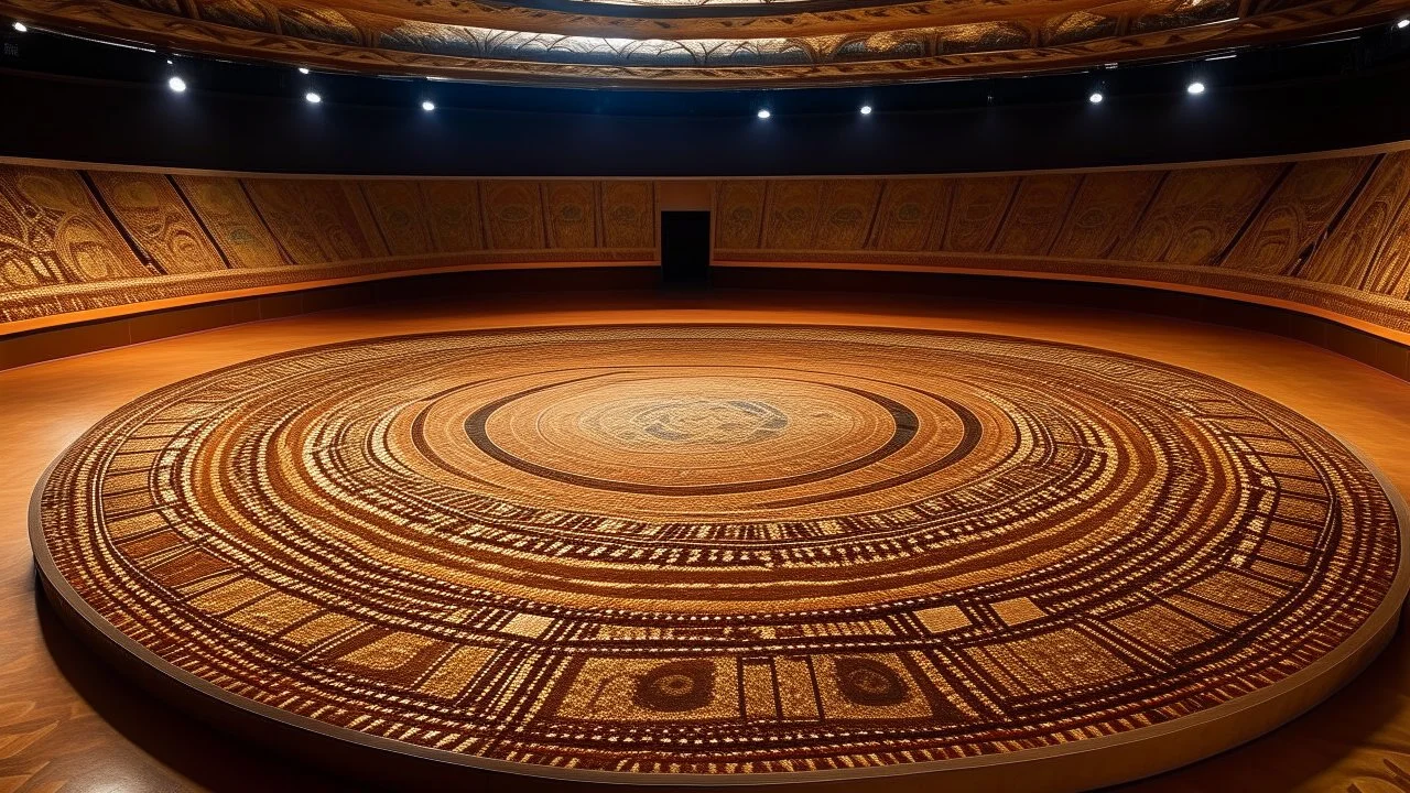 A tan martial coliseum designed in Australian aboriginal art