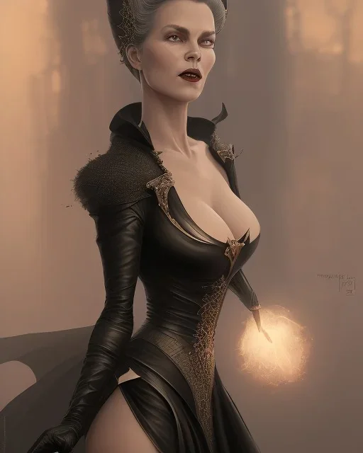 old evil queen in black leather gown, femme fatale, volouptous, busty, cleavage, angry, emperious, 8k resolution concept art portrait by Greg Rutkowski,