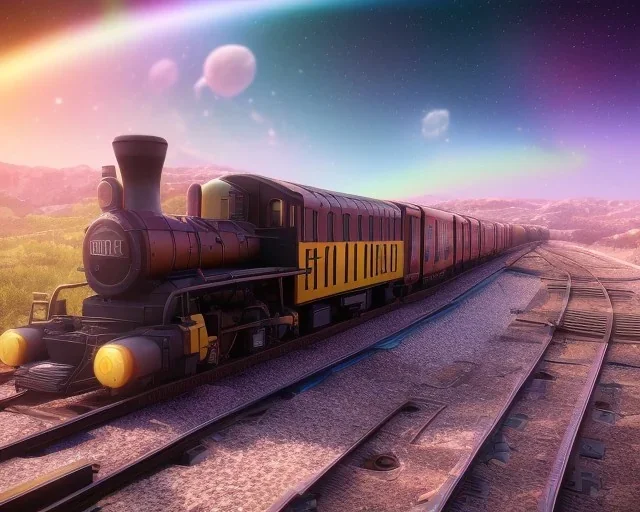 train on a rainbow track in outerspace, planets in the background, steam bubbles from chimney, galaxy