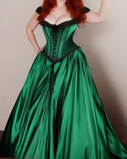 Busty princess with long auburn hair green eyes wearing a big dark teal green and gold satin ballgown corset off shoulder top casting magic full body, head and face