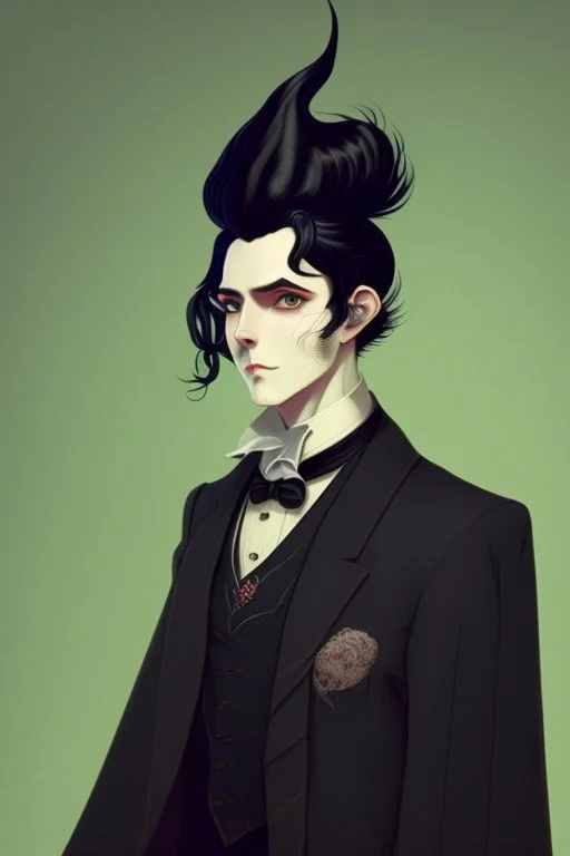 black haired dandy wizard in the style of beresford egan