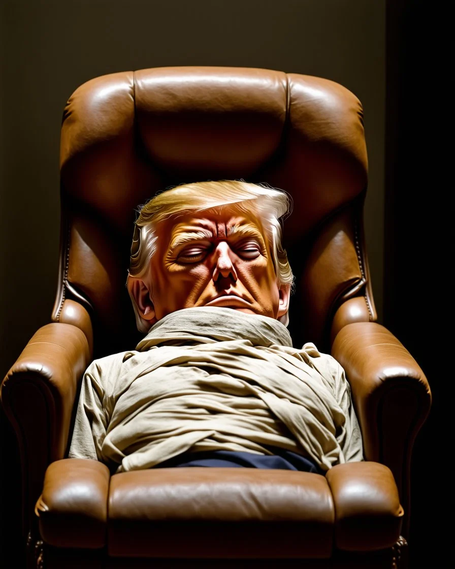 a chubby really old mummified corpse, looks similar to donald trump, eyes closed, leaned over in a brown chair