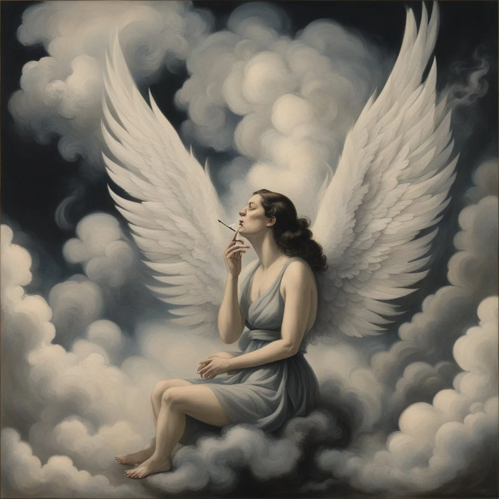 women sitting forward Her face turned upwards and blows cigarette smoke from their mouth. It depicts a figure with wings emerging from its back. behind the clouds of smoke seen death.