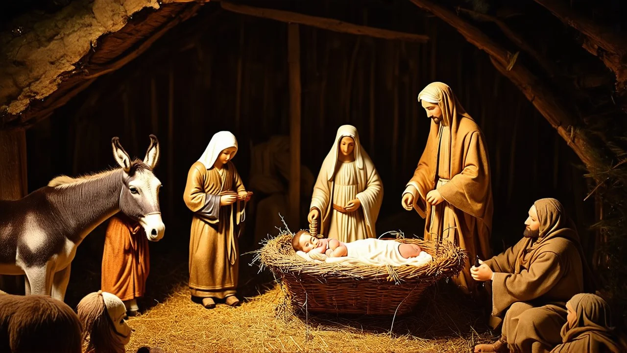 Traditional Christian nativity scene in the stable, baby Jesus in manger, Mary, Joseph, cow, donkey, shepherds, night, holy, beautiful, cozy, high resolution photograph