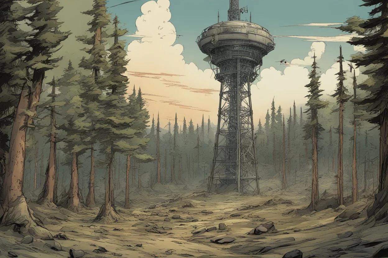 , radio tower, cinematic,post-apocalypse, comic book, forest