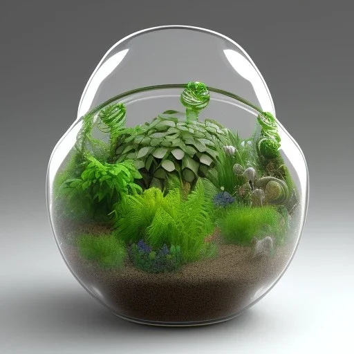 a glass jar terrarium filled with plants, highly detailed,