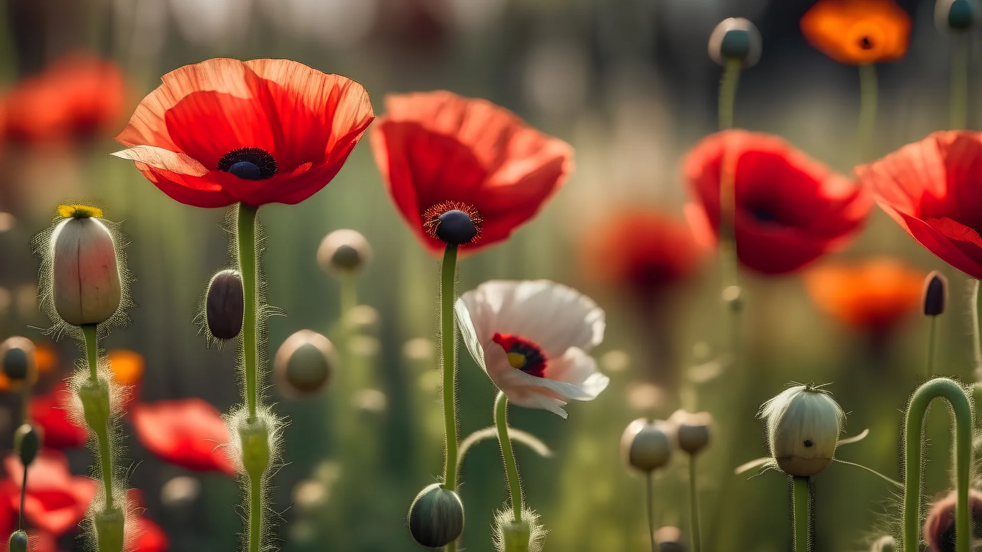 Beautiful summer flowers in soft light with selective focus. Flowers on wild field. Opium poppy. Natural summer background