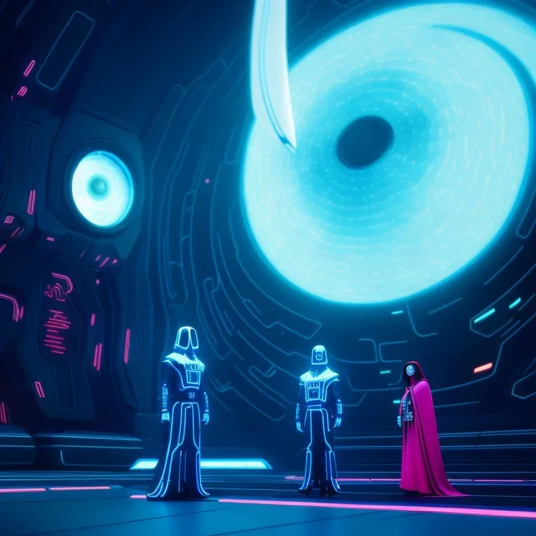 The Grim Reaper and the Star ship pilot in Tron world, discussing the future of the universe, art by Magritte and Pixar