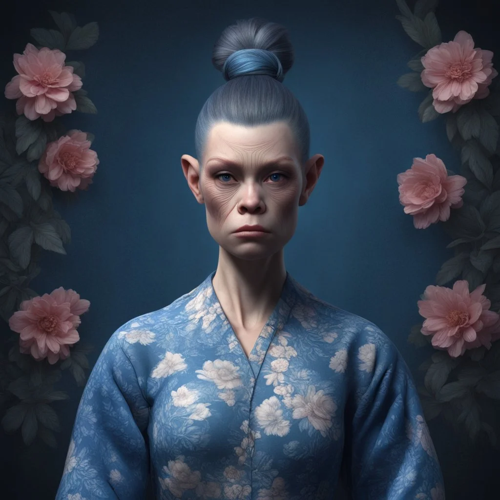 mugshot, Planet of the Apes, blue, large, floral designs, atmospheric, beautiful, China Doll, , dark background, mid shot, full body, neutral expression, buzzcut hair, ultra realistic, highres, superb, 8k wallpaper, extremely detailed, intricate, limited palette,