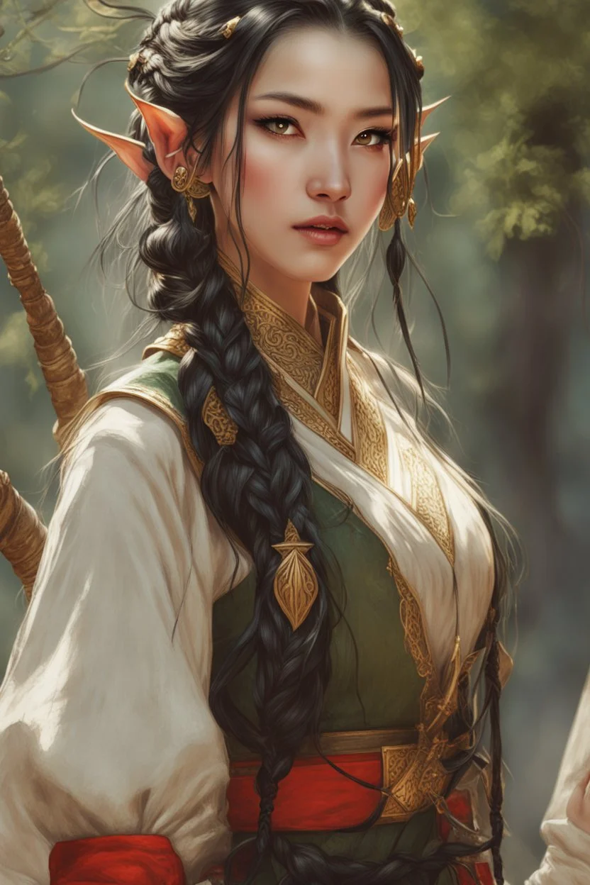 beautiful oriental female elf with pointed ears and long black braids, dressed in a diplomatic tunic