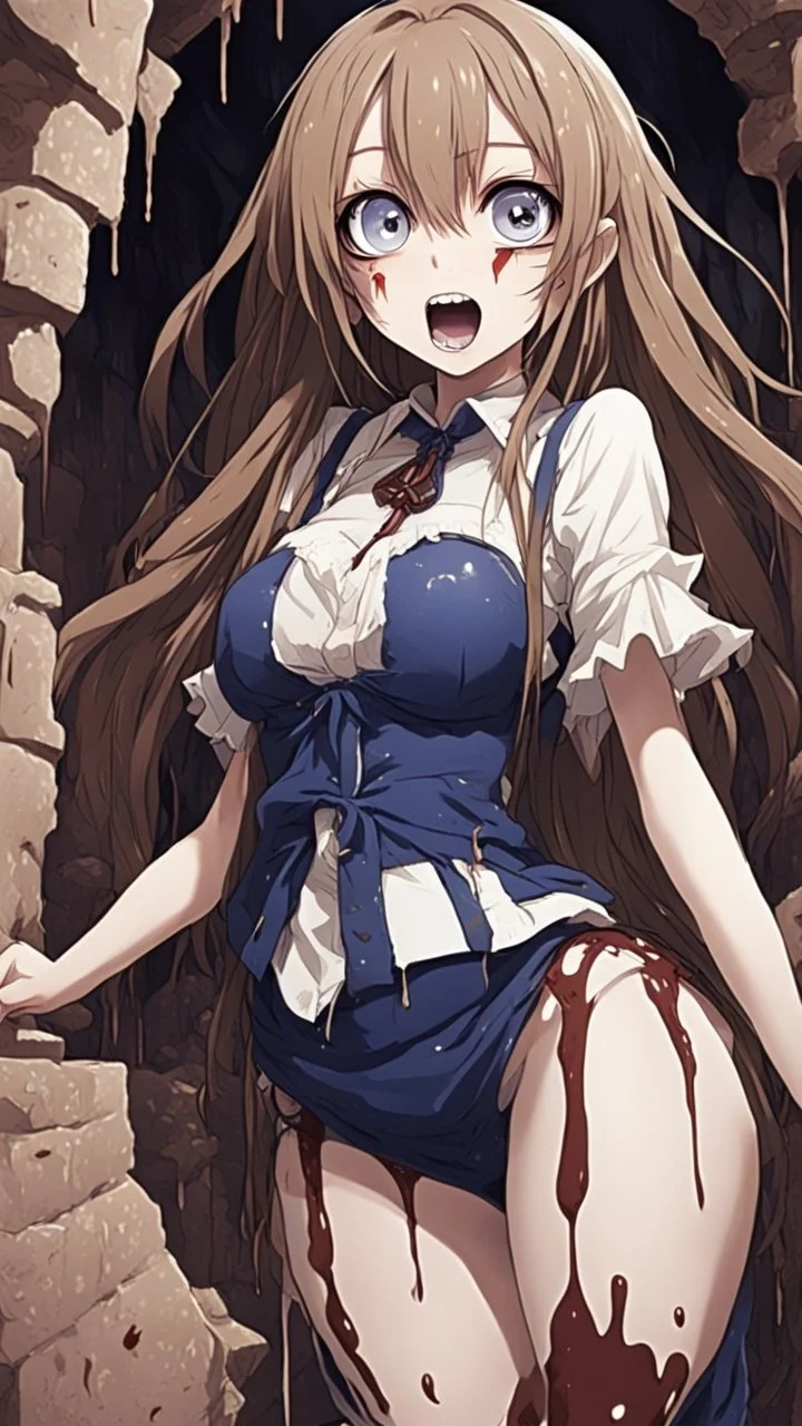 Anime girl with big eyes, darkblue and sepia tones, fullbody, slime, the perspective looking up from the bottom of an empty well, rolling eyes, tongue out, blood drip, open mouth, big thighs, long hair white,