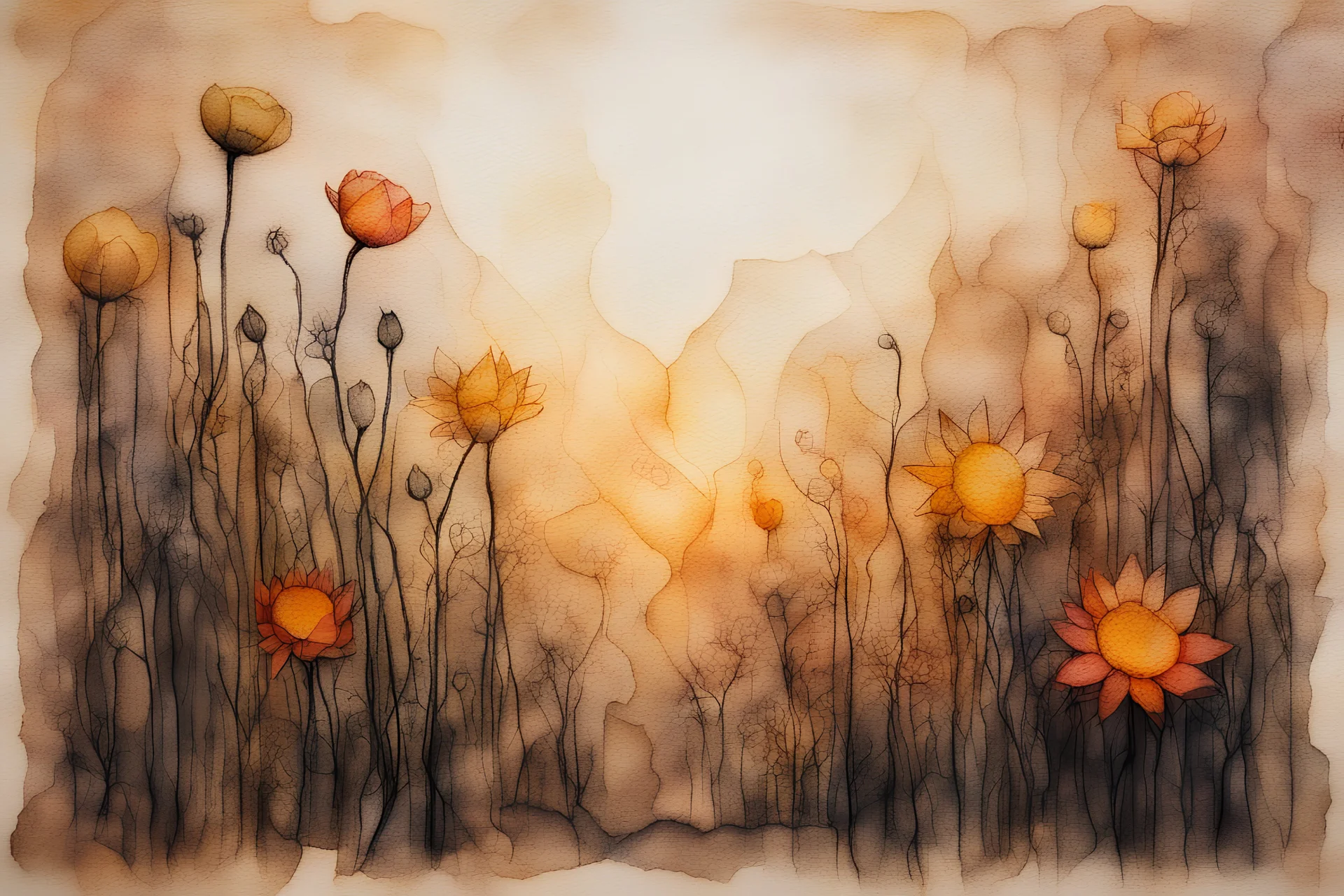 painted and burned burlap, sunshine, flowers, styles of Paul Klee Dee Nickerson and Tim Burton, melting watercolor and black ink outlines on wet paper, soft, shading strokes, in sunshine, ethereal, otherwordly, cinematic postprocessing, bokeh, dof