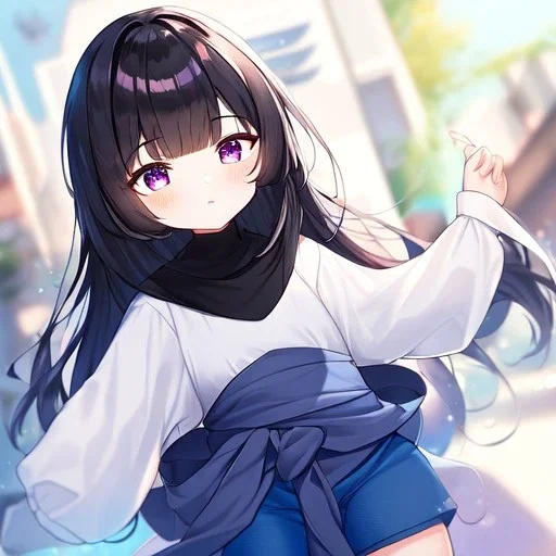 Clear focus,High resolution, Black long fluffy hair, and purple eyes, wearing a blue shorts,white shirt,black sweater wrapped around waist, Loli