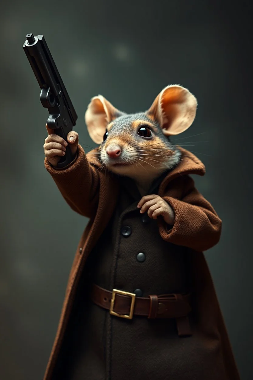 A mouse warring a black coat dressed brown coat, holding a gun hands up