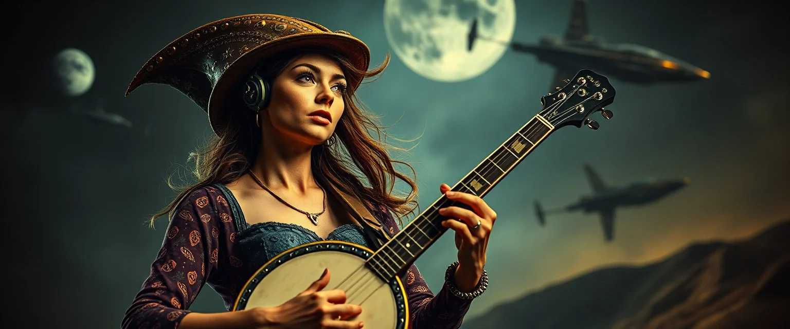 good night alien hill billy boss woman with a banjo In the style of Rembrandt,Background blur. Movie poster. Wild look. seen above, with a space ship beside her