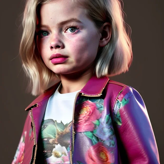 Margot Robbie toddler, full size, leather jacket, floral shirt, floral skirt, shoe, soft skin, dramatic lighting, hyper realistic