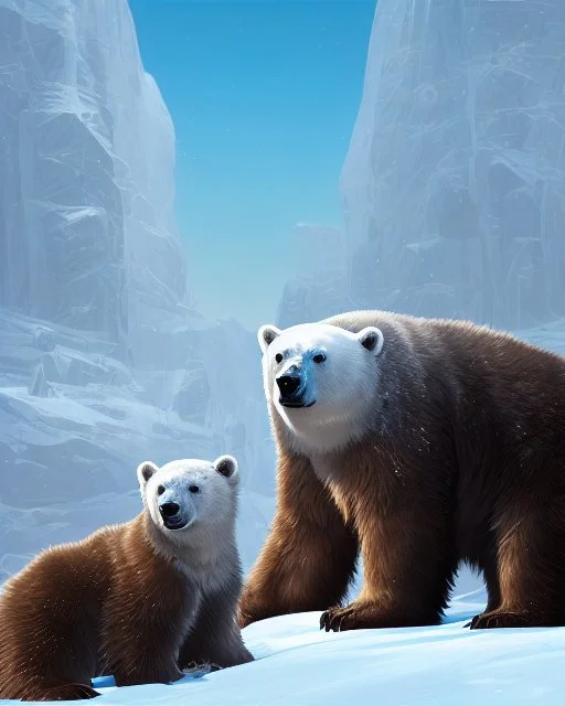 Oso polar con sus cachorros en la nieve cuerpo completo obra de arte pintura al óleo colores contrastantes nítido impactante hiperdetallado sombras 3D hiperrealista coherente clima soleado nubes iluminación cinematografica 8k