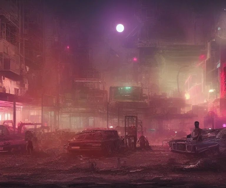 digital art, trending on artstation, a post apocalyptic world ruled by rusty machines under a full moon in a gigantic city full of neon lights and machines acting like humans, these being the vast majority of the population.