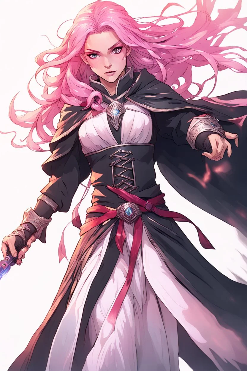 A exalted female archmage, her black robes and long pink hair shining in the light, her greatsword held firmly in her hands as she strides forward, her red eyes blazing with a fierce intensity, levitating above enemys , dodging enemy fire, 4K,