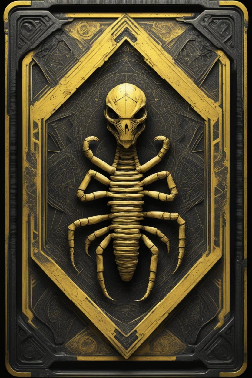 sacred geometry framed playing card, black and yellow scorpion mummy relief with shadows boss card in the style of Giger and fallout 4 ,,bokeh like f/0.8, tilt-shift lens 8k, high detail, smooth render, down-light, unreal engine