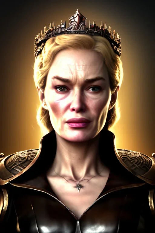 Cersei Lannister as evil queen in black leather coat, busty, cleavage, voluptuous, lena headay, angry, stern look. character design by cory loftis, fenghua zhong, ryohei hase, ismail inceoglu and ruan jia. unreal engine 5, artistic lighting, highly detailed, photorealistic, fantasy