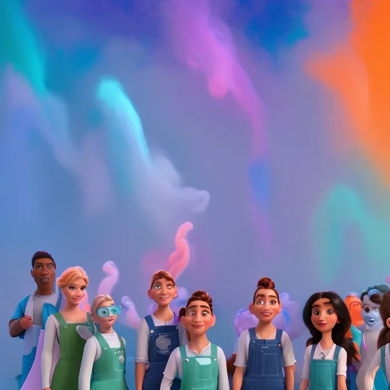 group of scientists is in the laboratory. invent new colors. smoke rises from multi-colored glassware. they are wearing overalls. color swatches in the background. hyperdetailed, orange and teal, warm colors, detailed painting, photorelistic, oil on canvas, light dust, futuristic. volumetric lighting