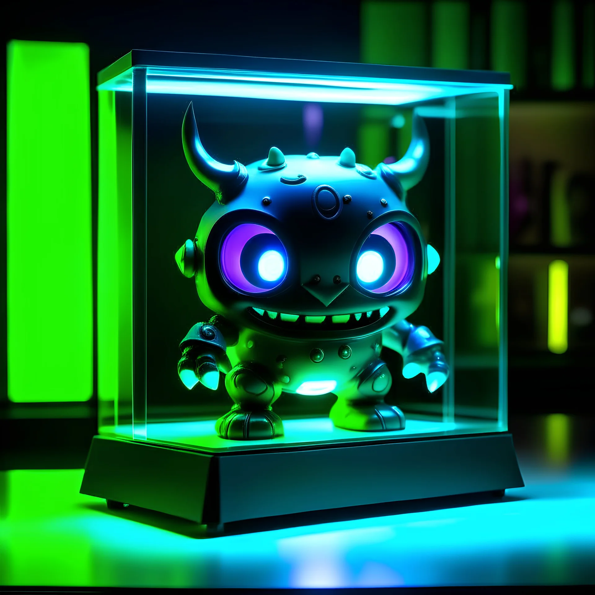 cute chibi robot monster in a glass display case with an green aura glow and staring eyes