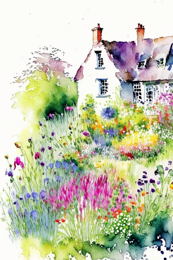 abstract watercolour english cottage garden in the style of jean haines, centred