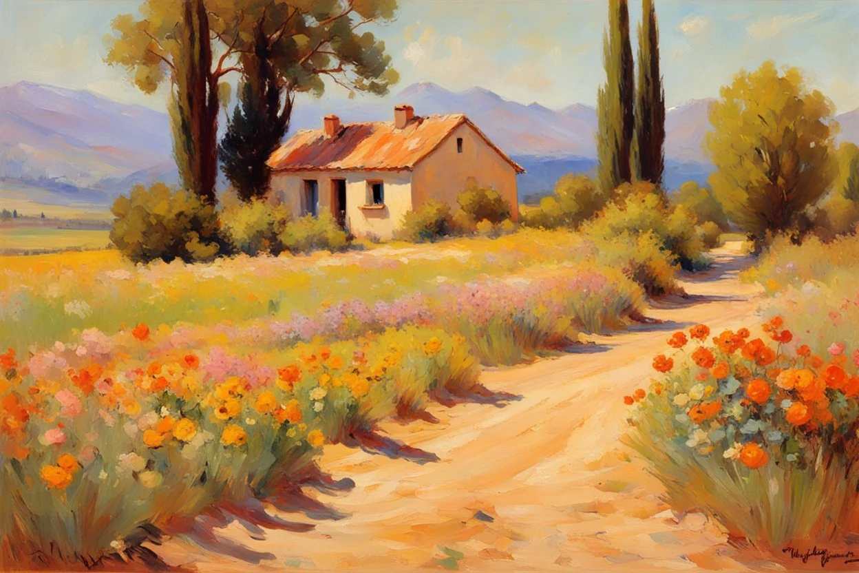 sunny day, mountains, trees, dirt road, flowers, spring, countryside, adobe house, wilfrid de glehn and rodolphe wytsman impressionism paintings