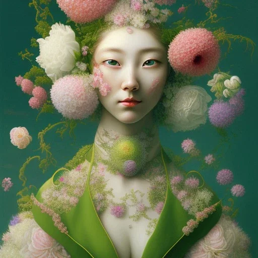 A surrealist painting showcases a woman, surrounded by blooming flowers. This masterpiece was crafted by the talented Ikuo Hirayama and is reminiscent of the works of Naotto Hattori. The subject's detailed face is partially obscured by a mask, and she is draped in a garment of rich green and pink. The painting draws inspiration from the works of Gong Li, Ayami Kojima, and Yoshitaka Amano, as well as Alexey Egorov's style. The woman is surrounded by stems and the piece has a collage-like quality,