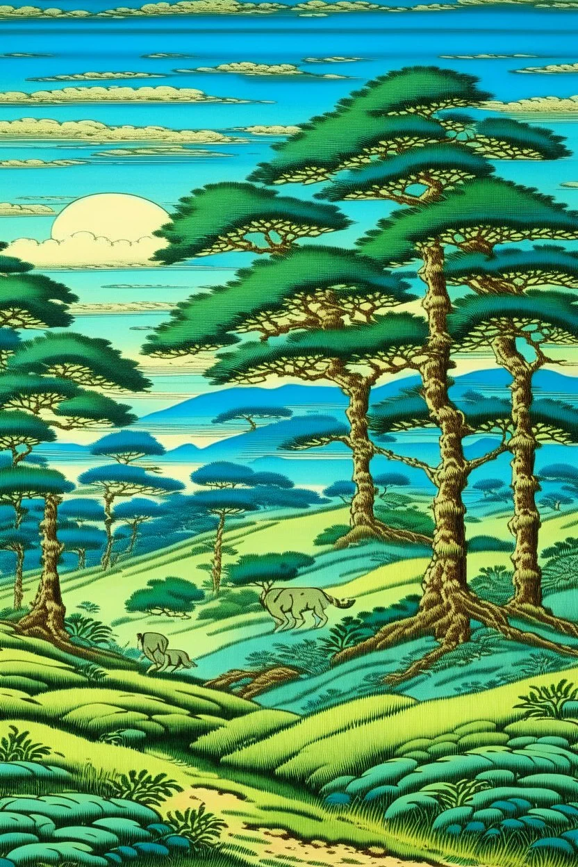 A bluish green savanna with leafy trees painted by Katsushika Hokusai
