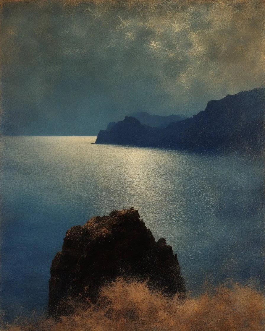 Ocean, Storm, Impressionist Beautiful Italian blue mountain scene by Turner and redon and Seurat, 1980s aesthetic, photonegative refractograph, sparklecore, star overlay