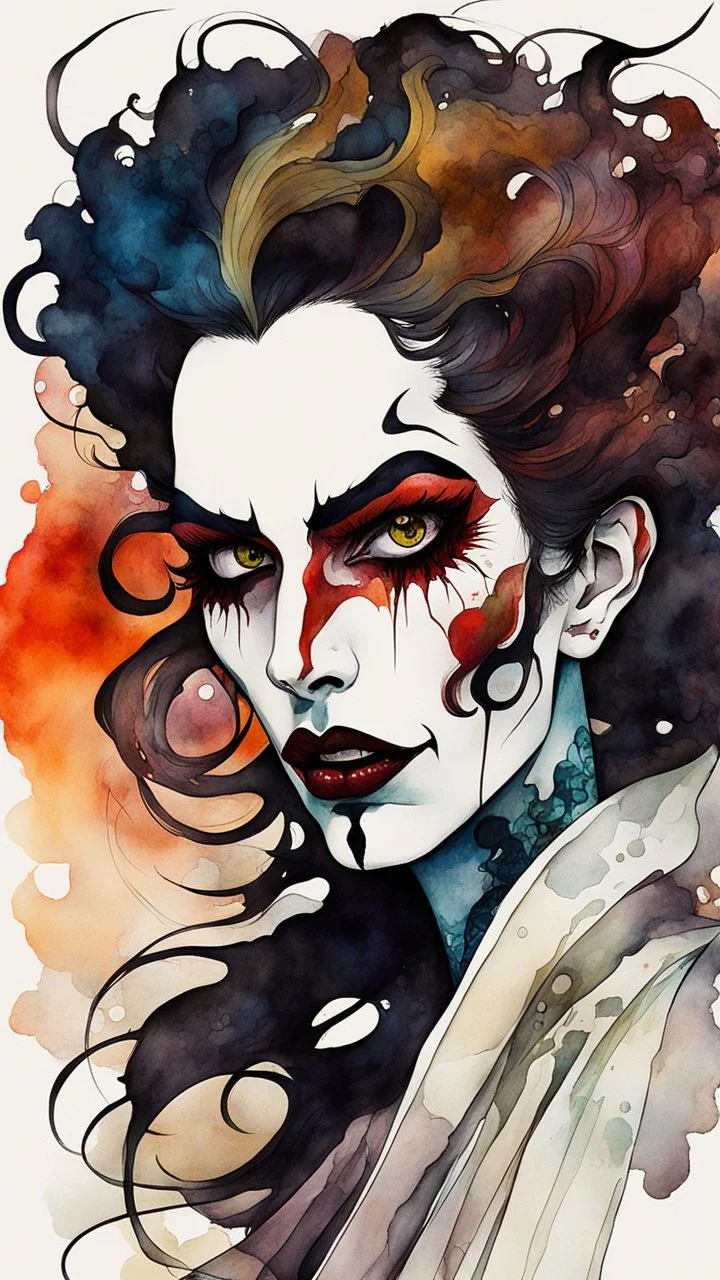 highly surreal abstract expressionist, digital ink wash and watercolor, full body, caricature illustration by Egon Schiele of a psychedelic vampire sorceress with highly detailed hair and facial features, overly exaggerated mouth, thick lips, manga inspired, vibrant natural color palette, , unusual colors, trippy, inspired by Cruella Deville