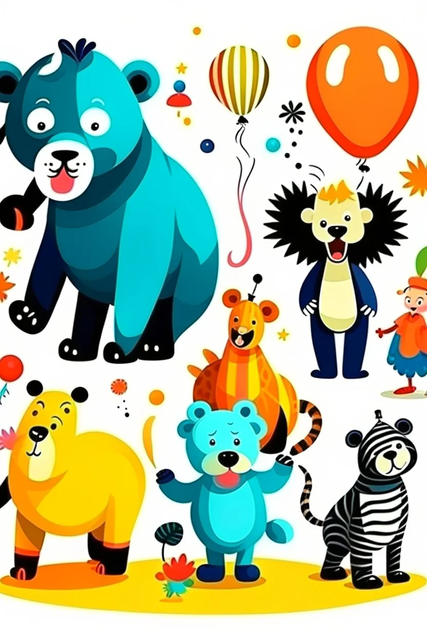 new year celebration fireworls family animals, elephant, bees, lion, bear, giraffe, tiger, peacock, panda, with balloon