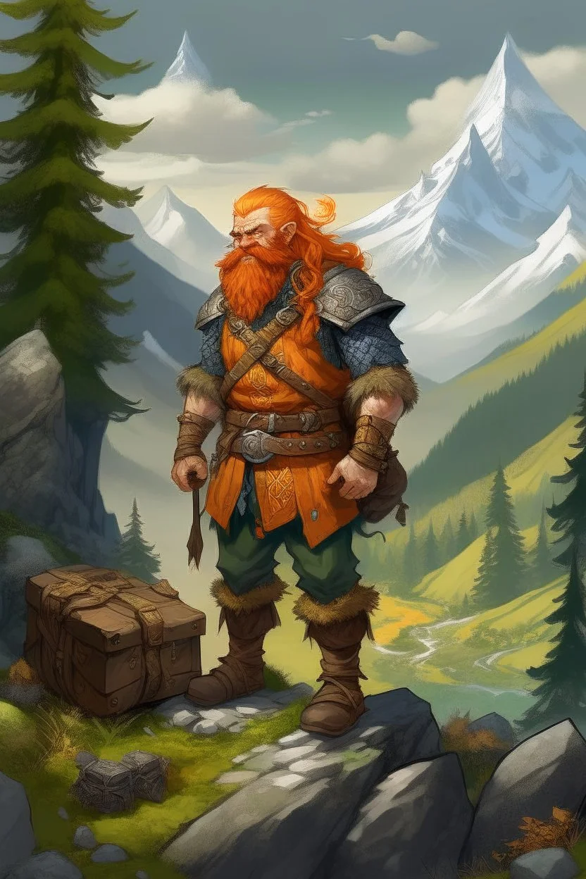 Realistisches Bild von einem DnD Charakters. Männlicher Zwerg mit orangenen Haaren. Er steht im Wald mit Bergen im Hintergrund. Er ist ein Jäger und hält eine Armbrust in der Hand.