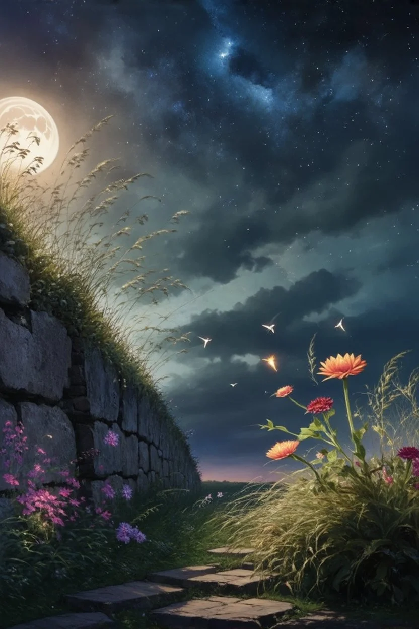 A close-up image of a rough stone wall with overgrown grasses, weeds, and vibrant flowers, featuring whimsical and surreal art, dark fantasy themes, dramatic lighting effects, intricate details, dreamy landscapes, gothic aesthetics, an ethereal atmosphere, and magical scenes with a moonlit sky with stars and constellations, a faint glow emanating from the cracks in the wall, and fireflies dancing around the glowing cracks.