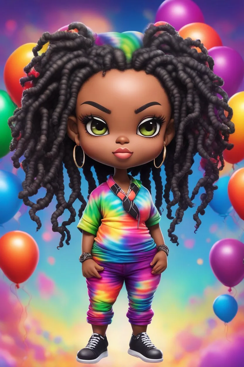 Create an airbrush image of a chibi black curvy female wearing a tie dye yoga outfit. Prominent make up with hazel eyes. Highly detail asymmetrical dread locs. background of colorful large ballons 2k