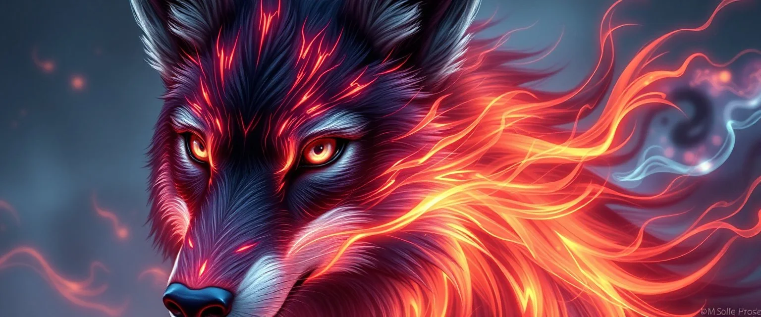 blink wolf close up portrait of a plasma racoon fox horse king lama shape shifter flickers like hypnotic fire in geometric shapes like a dna swirl of time and a fearsome planeswalker covered in powerful runes