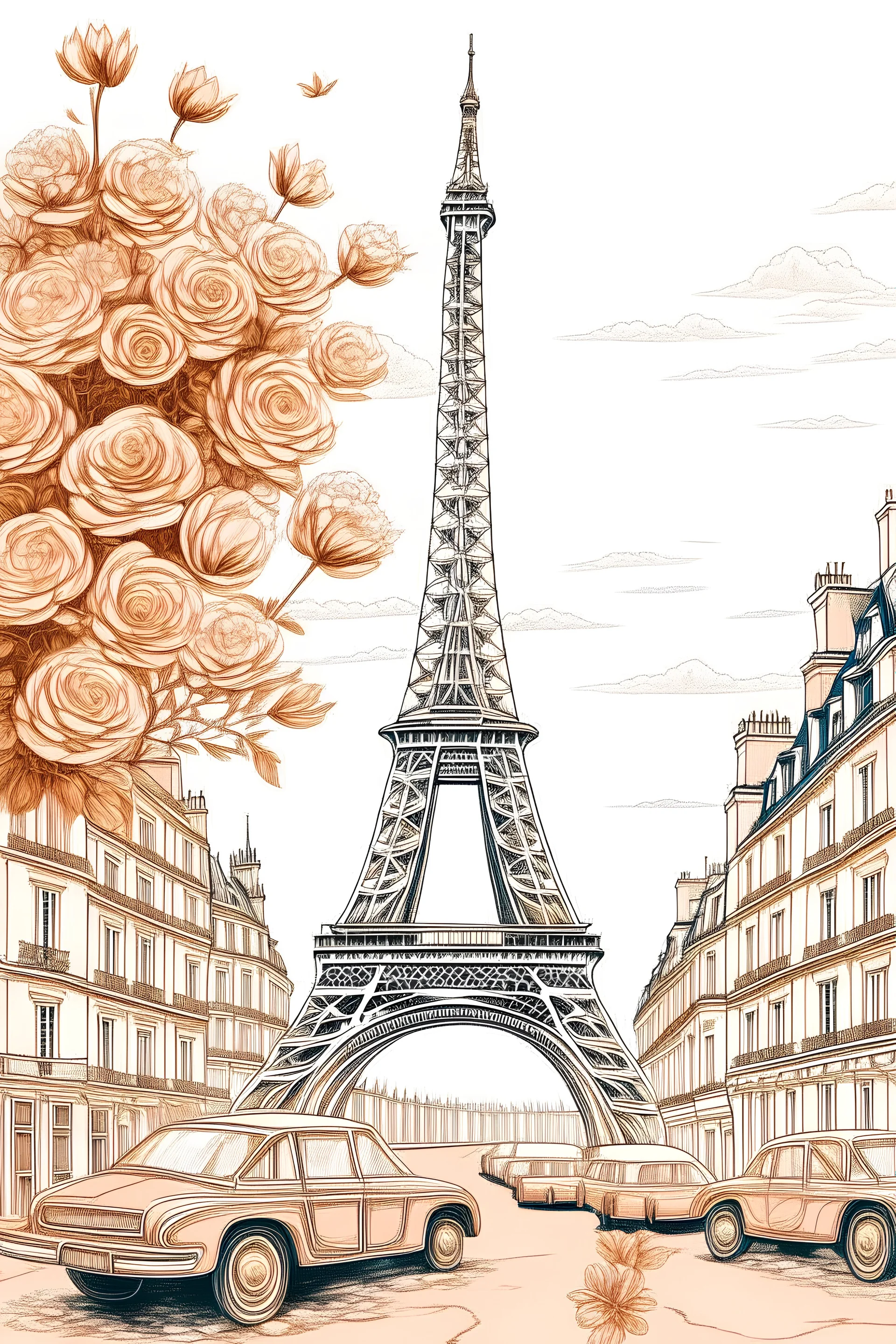 generate Paris skyline florist with a women irrigate flowers street with a man and son car rose gold color eiffel tower vintage
