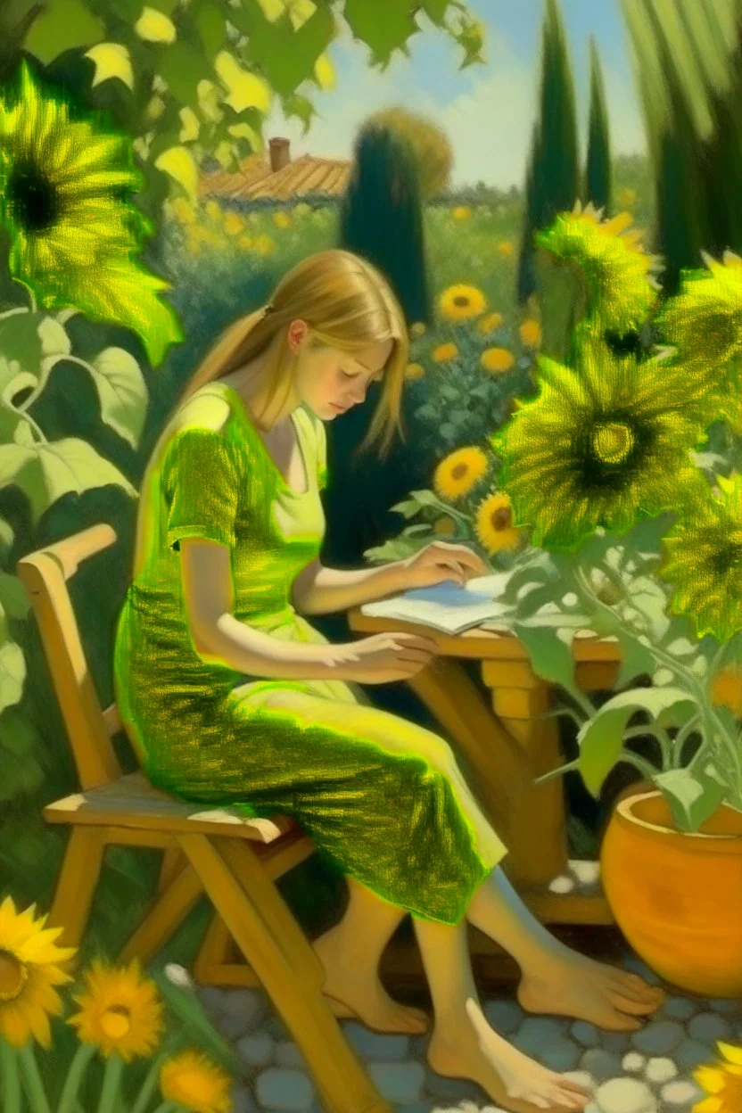 Neoclassicism woman working in the garden gardening painting yellow realistic cote d'azur sunflowers