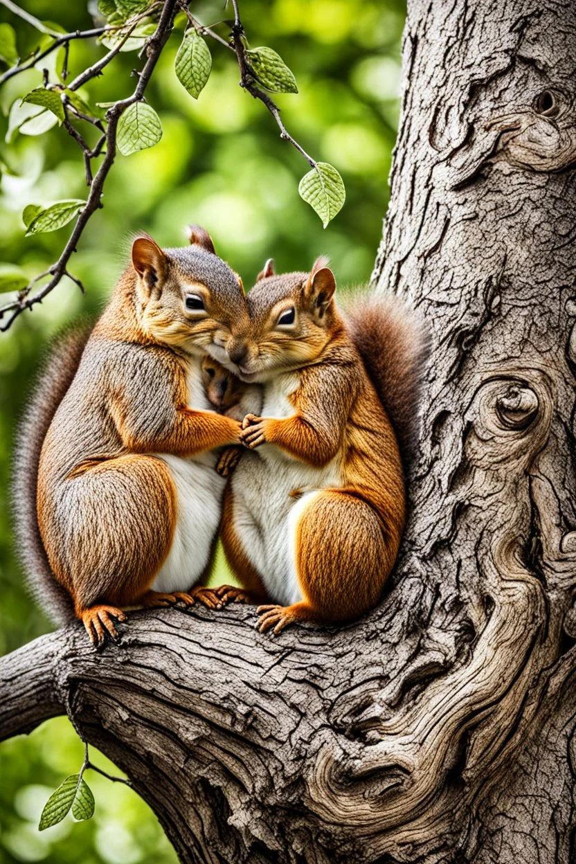 a pair of squirrels in love sleeping snuggling together in a big tree