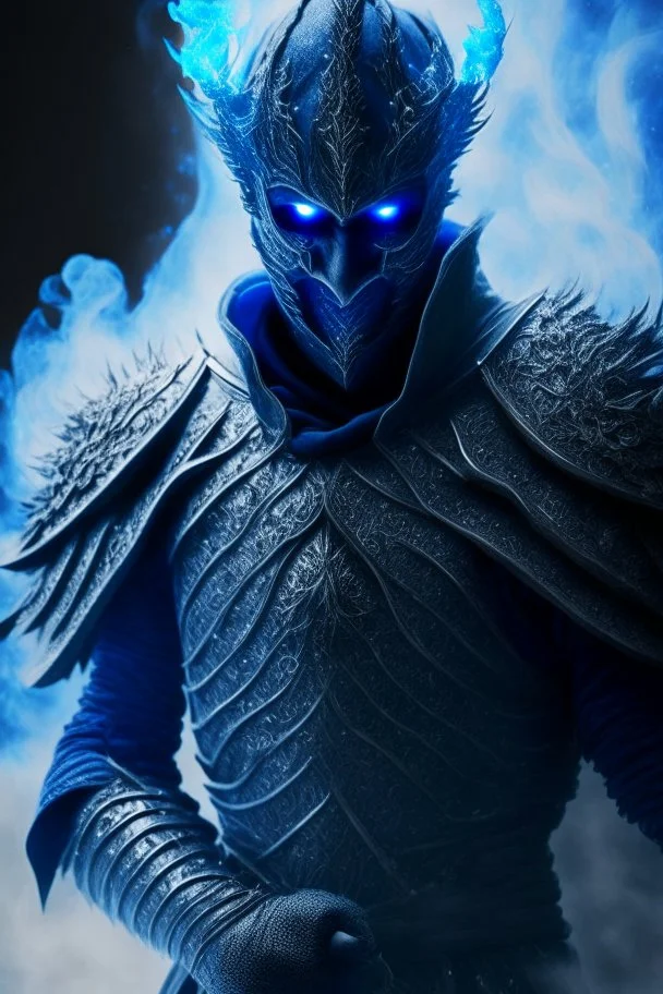 blue smoke in a shape of humanoid of colour of a storm wearing a scalemail armor