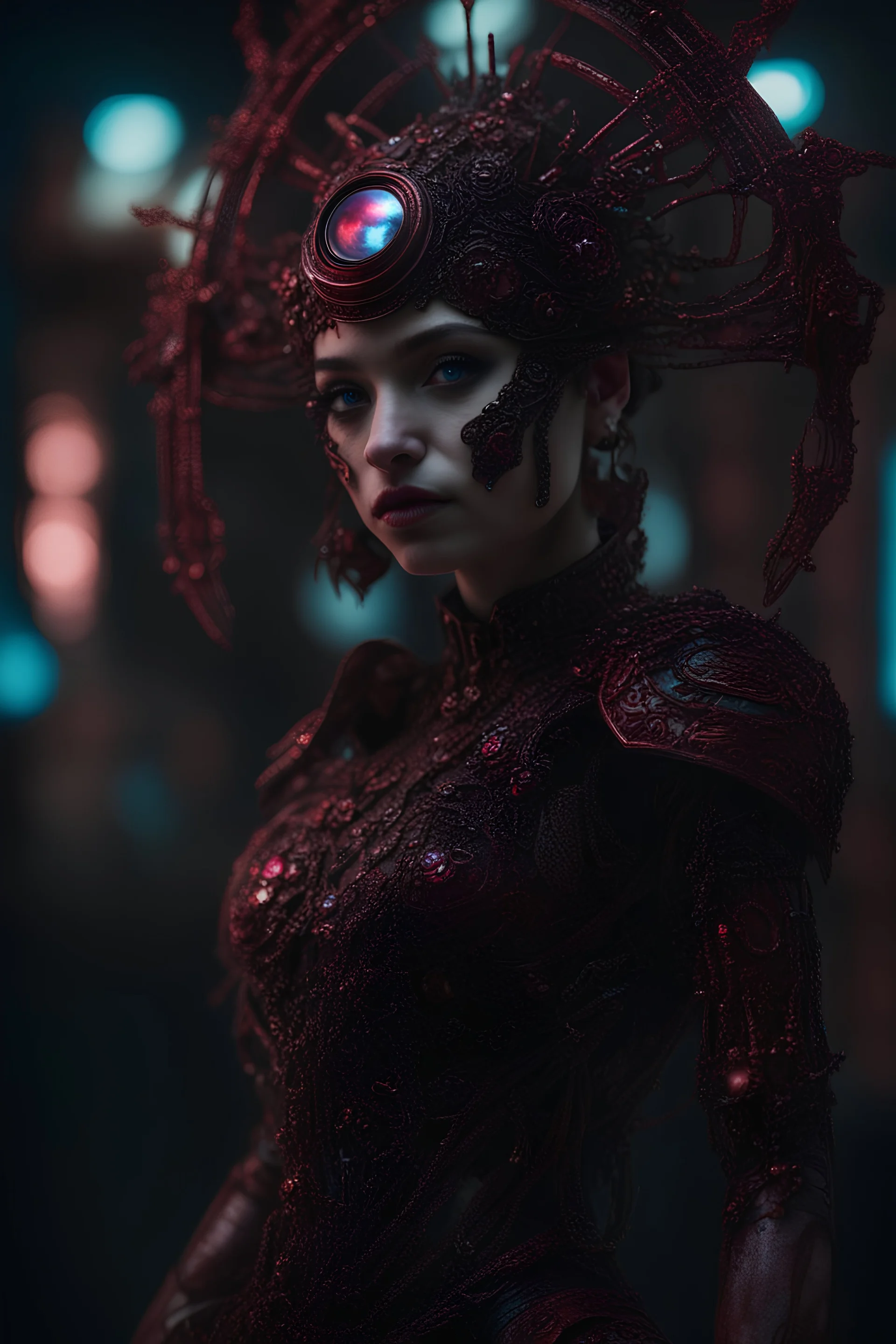 full body, leaning pose, enchanted punk girl, intricately detailed, eyes cybernetic, eyes holographic, darkred tones, 8k, macro photography, high lighting, intricate,