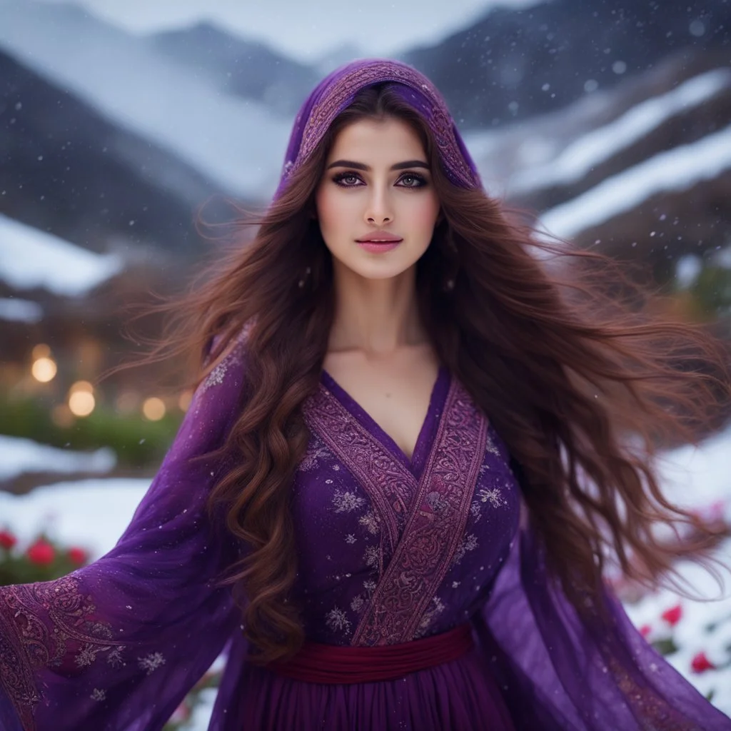 Hyper Realistic close-up-view of a Gorgeous-Happy-Young-Pashto-Women-with-beautiful-eyes & her-long-hair-whirling wearing purple-dress & black-shawl-with-maroon-embroidery on mountains-with-flower-garden at heavy-snowfall night withy dramatic & cinematic ambiance