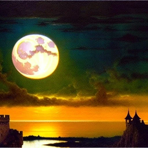 Drawing of 'Medieval Romanian Castle',bats,mountain,lake,full moon, by gaston bussiere, greg rutkowski, yoji shinkawa, yoshitaka amano, tsutomu nihei, donato giancola, tim hildebrandt, oil on canvas, cinematic composition, extreme detail,fit full head inside picture,16k