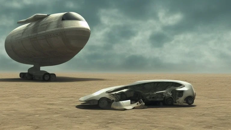 Sleek Cargo Spaceship Sitting In A Ruined Landscape