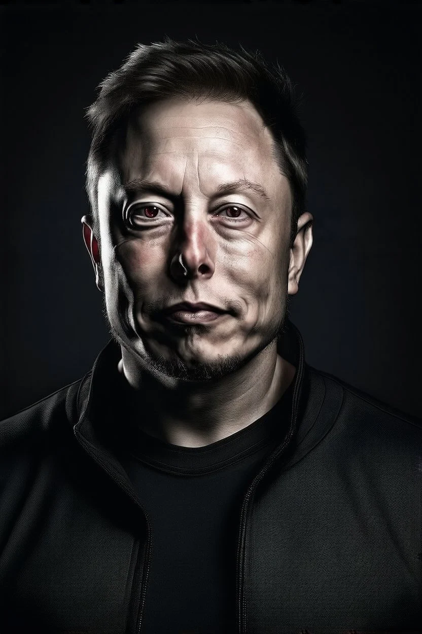 Portrait of Elon musk, scary cyborg face, metal plate checks and forehead, one red eye