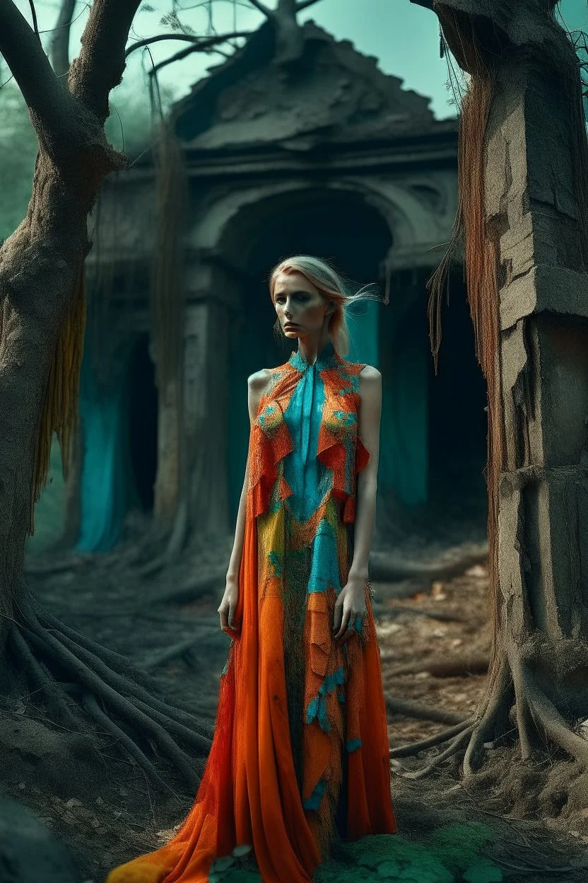 Photo of an odd being, bright colors, odd fashion, award winning photography, odd pose, trees, very accentuated details of the dress and skin, eerily mysterious, artistic photo, shot on Hasselblad, high definition, high resolution, 8k, 3d render, very detailed, F/2.8. Background ruins, after a war, noon-light, odd.