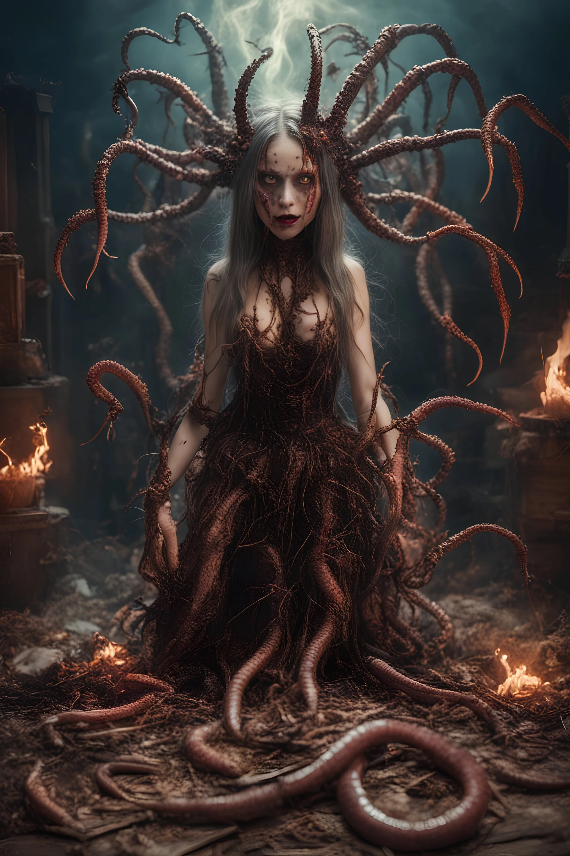 Demon girl wizard Halloween vintage girl, fullbody, feet point view, creepy, horrifying, sinister, many worms parasite creature connected to the head, sparks around her, intricate, 8k, macro photography,